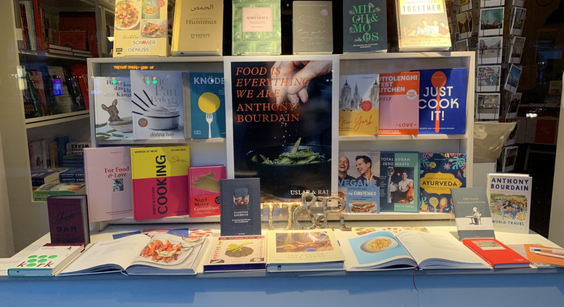 Displayed cookbooks in a Berlin bookstore.